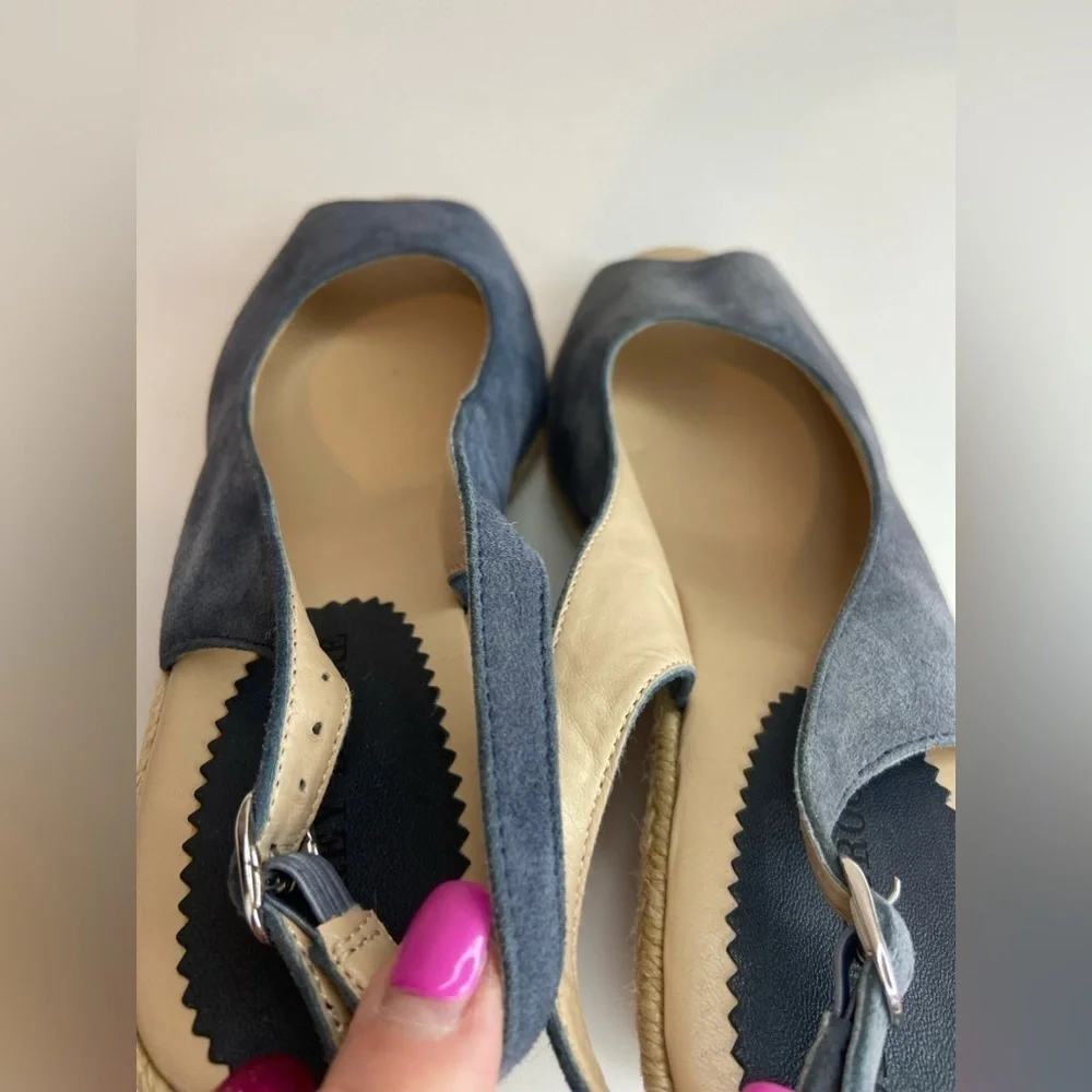Audrey Brooke~Blue Faux Suede~Espadrille Cork Wedge~Peep Toe~Sandal~Size 8.5B